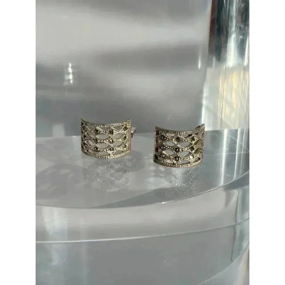 Marcasite Sterling Silver Open Hoop half circle Vintage Earrings - Picture 7 of 8